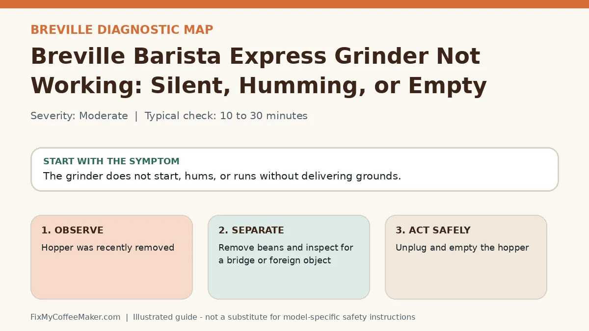 Diagnostic decision map for Breville Barista Express Grinder Not Working: Silent, Humming, or Empty
