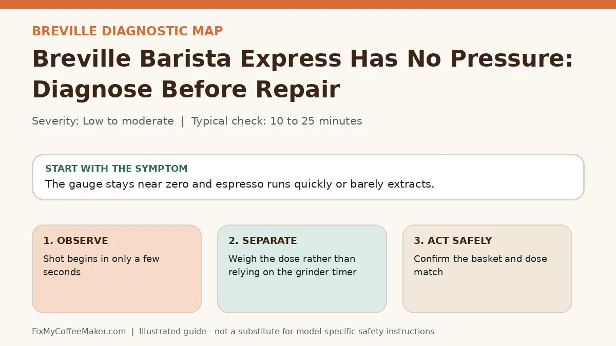 Diagnostic decision map for Breville Barista Express Has No Pressure: Diagnose Before Repair
