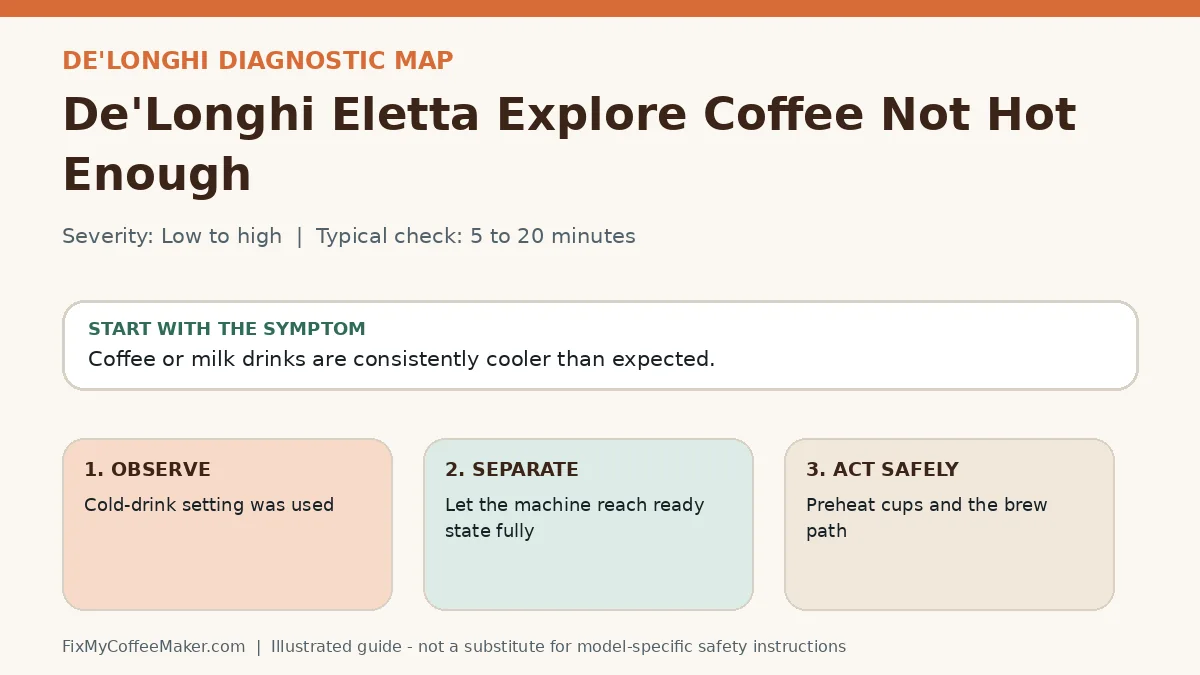 Diagnostic decision map for De'Longhi Eletta Explore Coffee Not Hot Enough