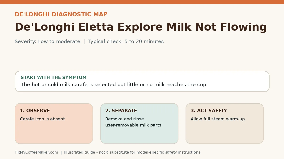 Diagnostic decision map for De'Longhi Eletta Explore Milk Not Flowing