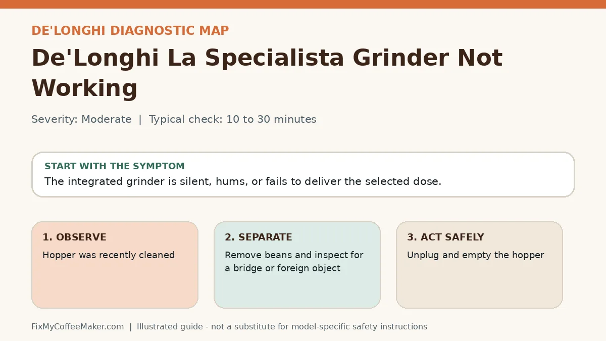 Diagnostic decision map for De'Longhi La Specialista Grinder Not Working