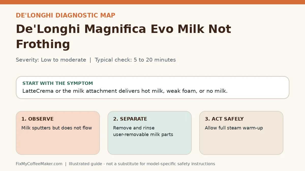 Diagnostic decision map for De'Longhi Magnifica Evo Milk Not Frothing