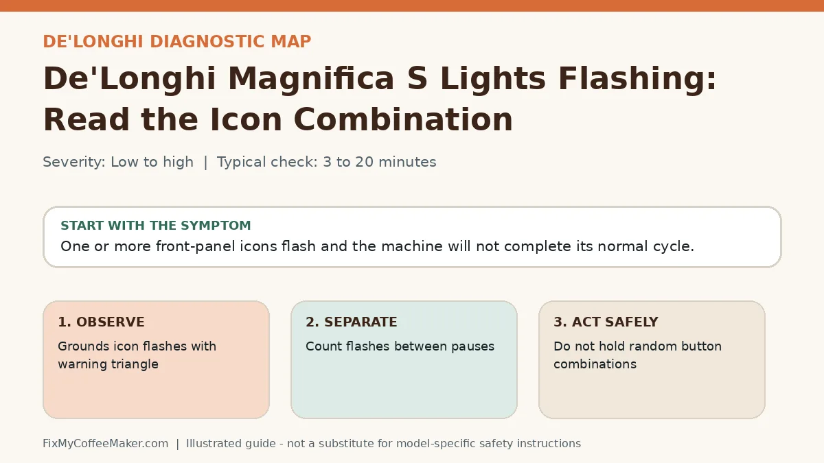 Diagnostic decision map for De'Longhi Magnifica S Lights Flashing: Read the Icon Combination