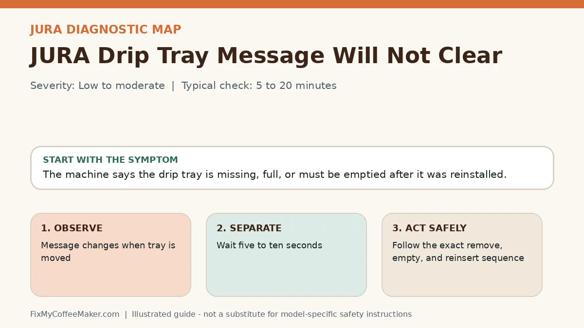 Diagnostic decision map for JURA Drip Tray Message Will Not Clear