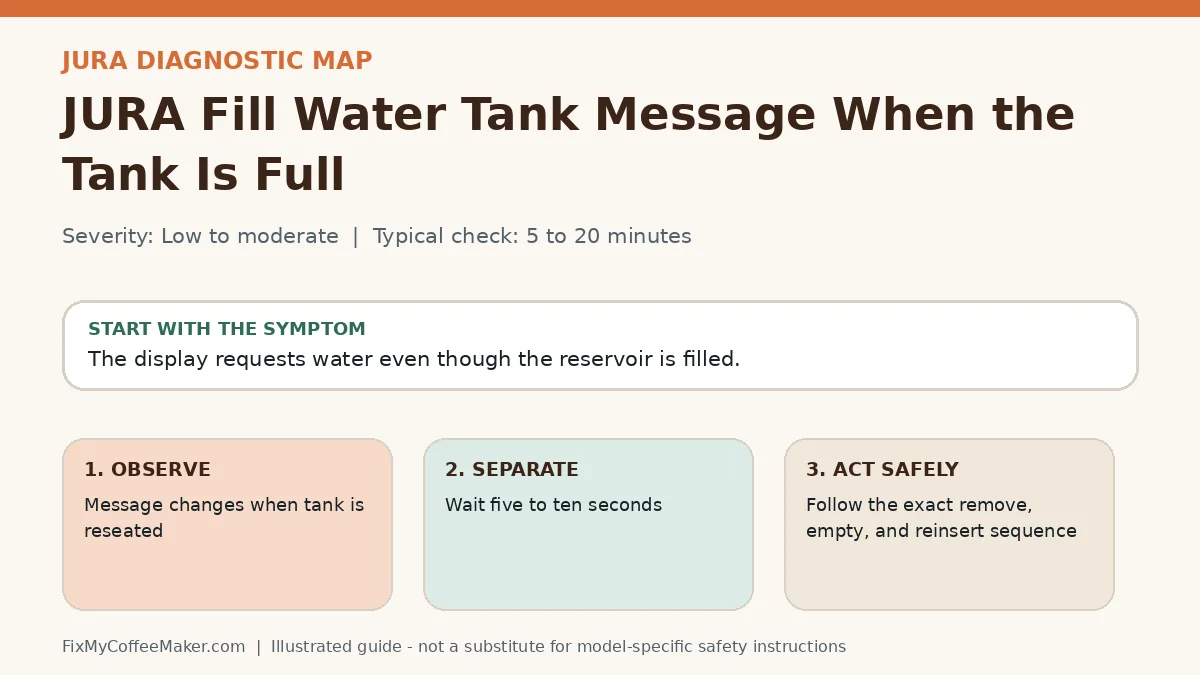 Diagnostic decision map for JURA Fill Water Tank Message When the Tank Is Full