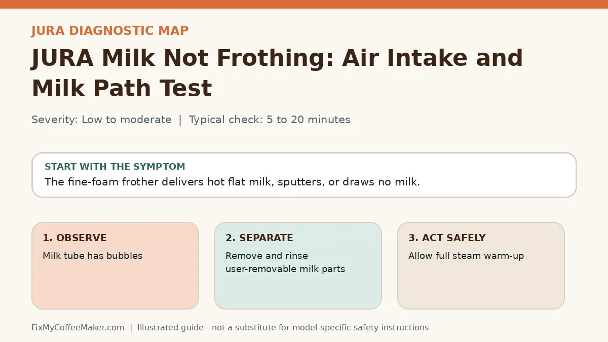 Diagnostic decision map for JURA Milk Not Frothing: Air Intake and Milk Path Test