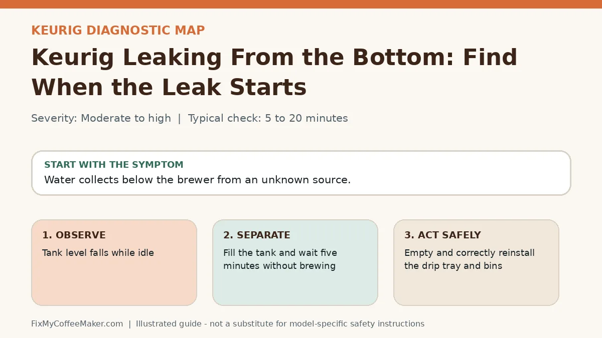 Diagnostic decision map for Keurig Leaking From the Bottom: Find When the Leak Starts