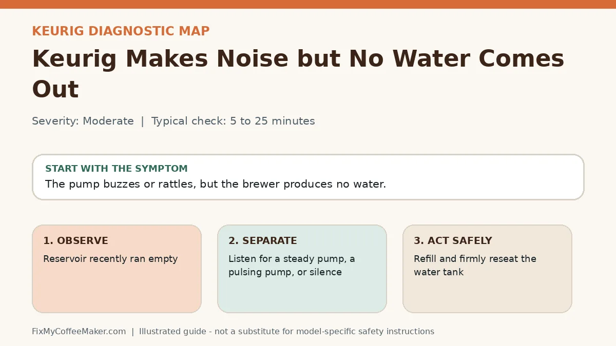 Diagnostic decision map for Keurig Makes Noise but No Water Comes Out