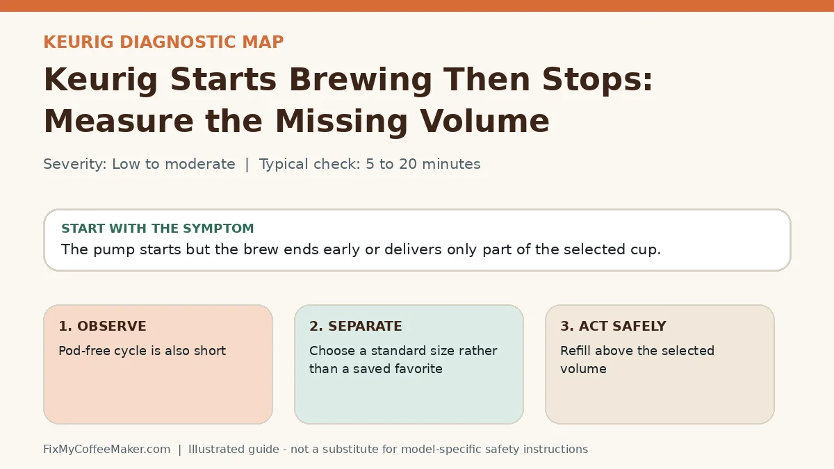 Diagnostic decision map for Keurig Starts Brewing Then Stops: Measure the Missing Volume