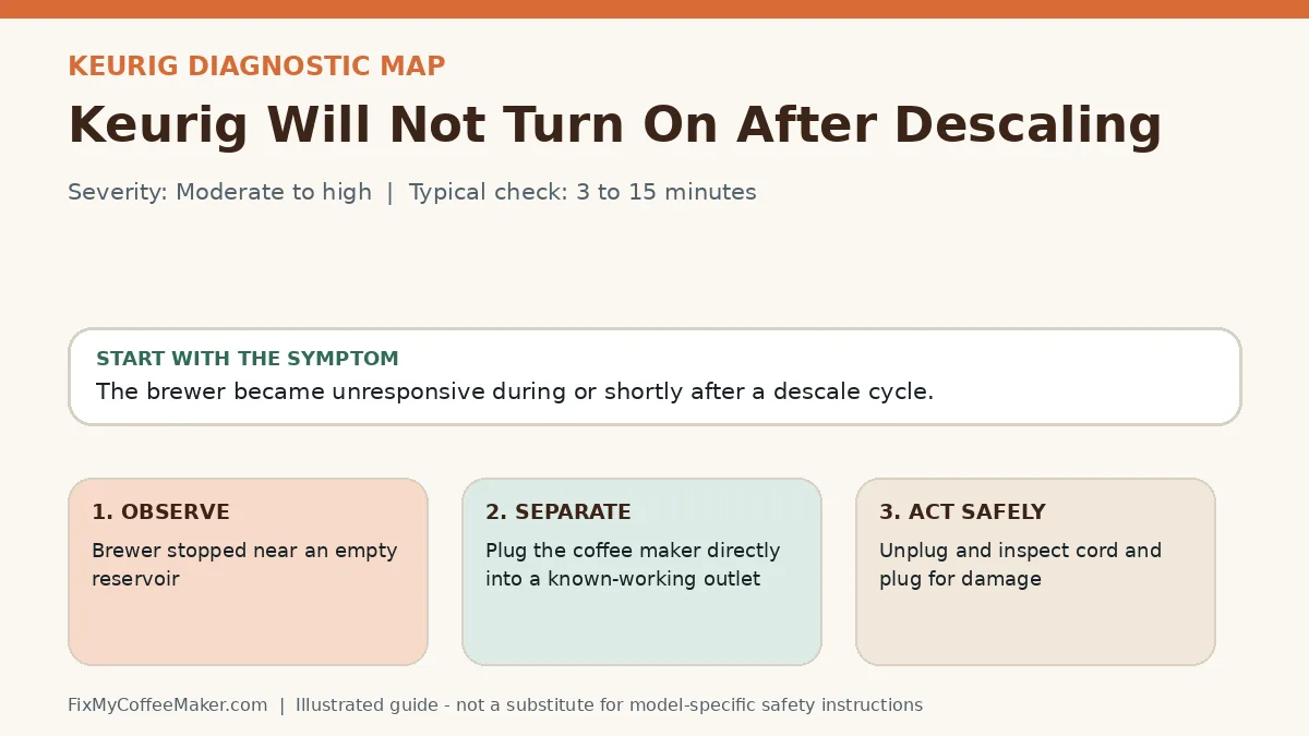 Diagnostic decision map for Keurig Will Not Turn On After Descaling