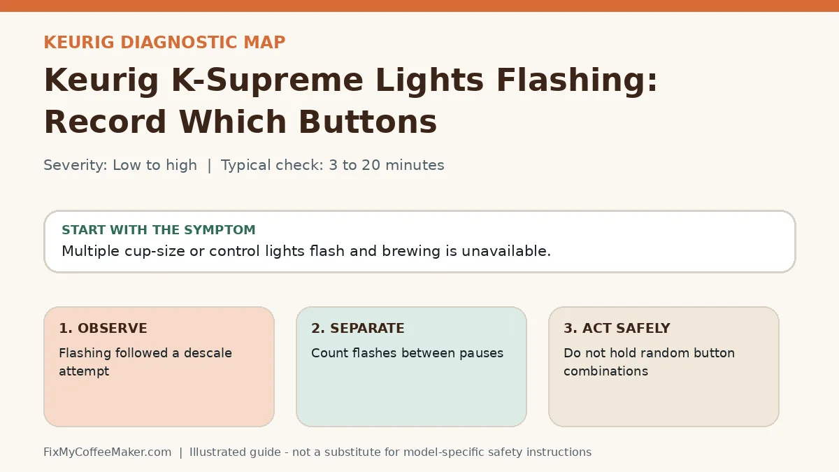 Diagnostic decision map for Keurig K-Supreme Lights Flashing: Record Which Buttons