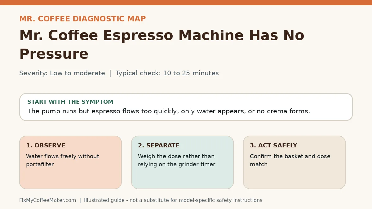 Diagnostic decision map for Mr. Coffee Espresso Machine Has No Pressure