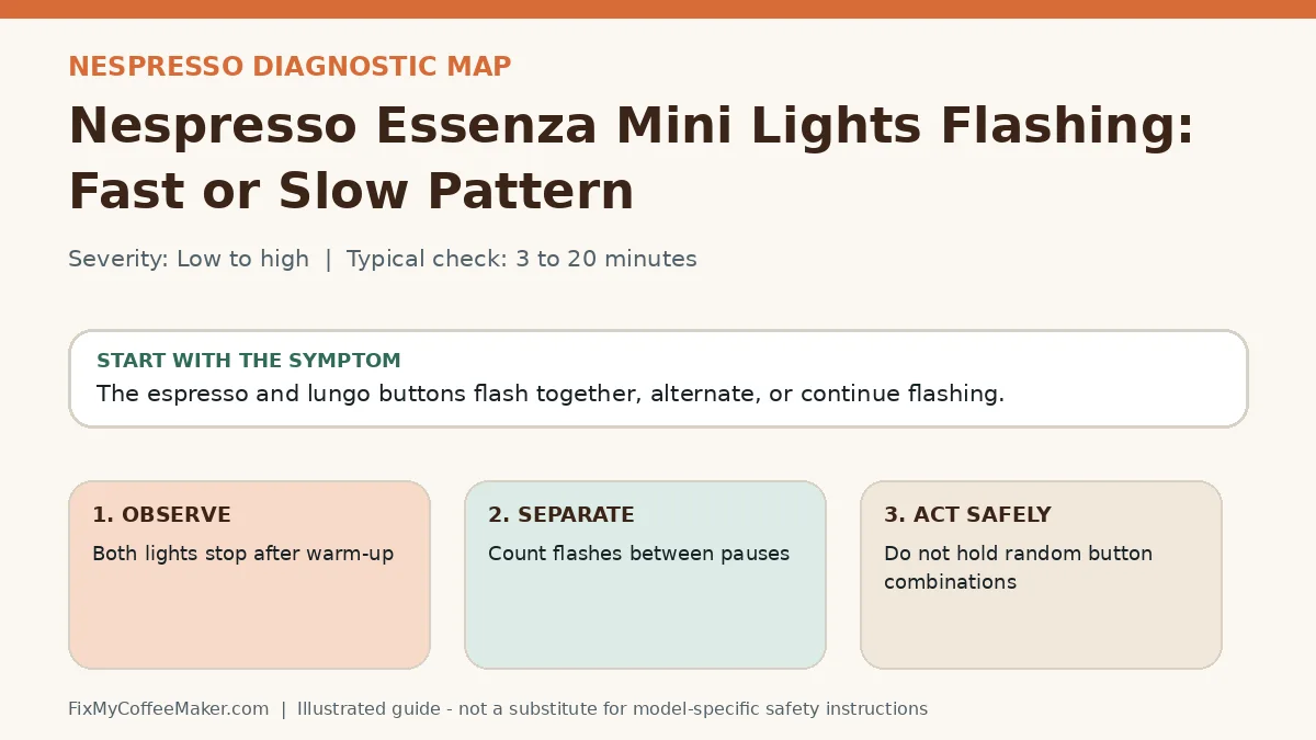 Diagnostic decision map for Nespresso Essenza Mini Lights Flashing: Fast or Slow Pattern