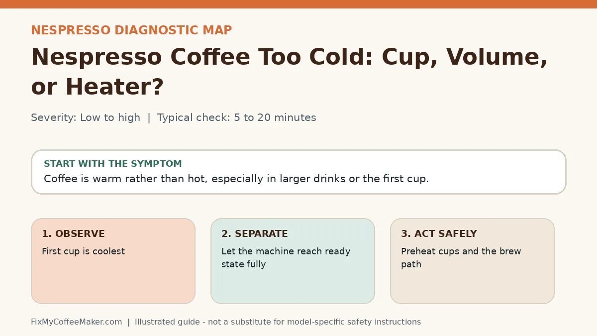Diagnostic decision map for Nespresso Coffee Too Cold: Cup, Volume, or Heater?