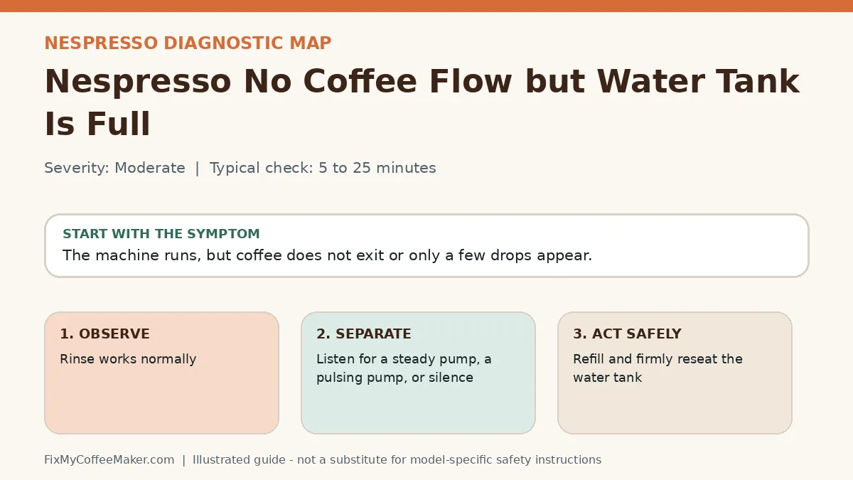 Diagnostic decision map for Nespresso No Coffee Flow but Water Tank Is Full