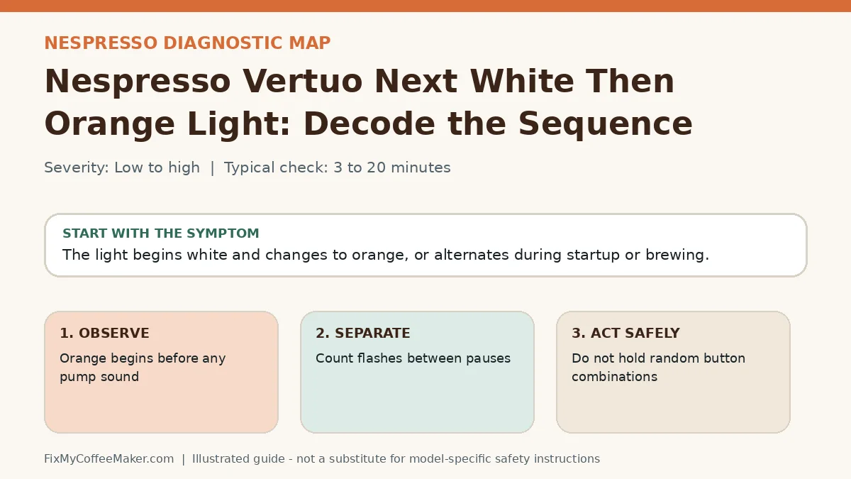 Diagnostic decision map for Nespresso Vertuo Next White Then Orange Light: Decode the Sequence
