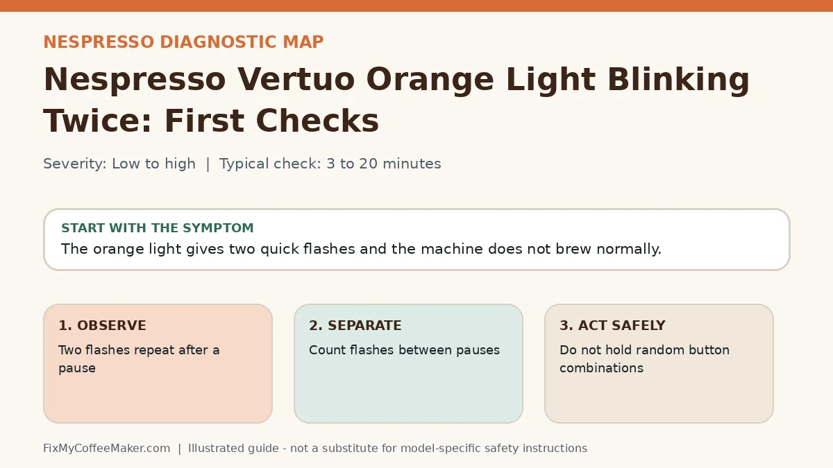 Diagnostic decision map for Nespresso Vertuo Orange Light Blinking Twice: First Checks
