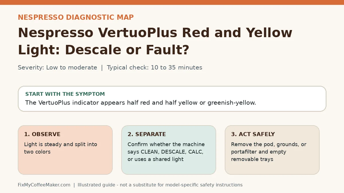 Diagnostic decision map for Nespresso VertuoPlus Red and Yellow Light: Descale or Fault?