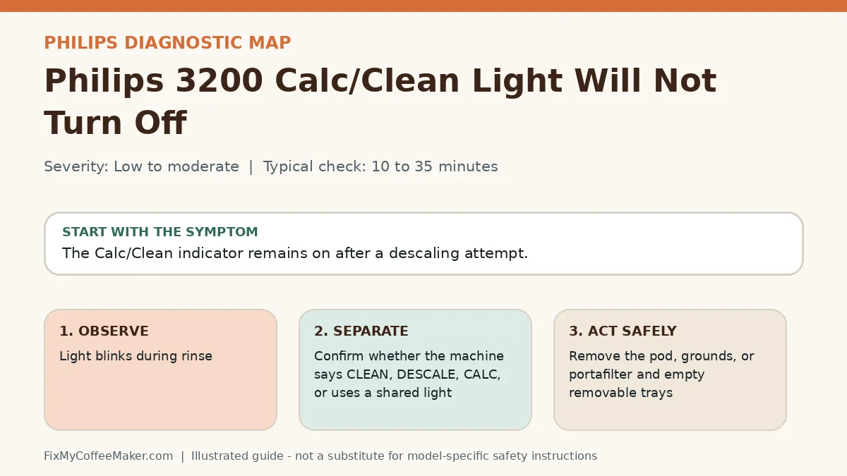 Diagnostic decision map for Philips 3200 Calc/Clean Light Will Not Turn Off