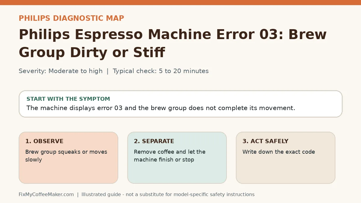 Diagnostic decision map for Philips Espresso Machine Error 03: Brew Group Dirty or Stiff