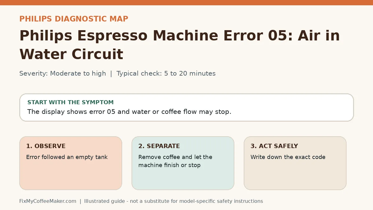 Diagnostic decision map for Philips Espresso Machine Error 05: Air in Water Circuit